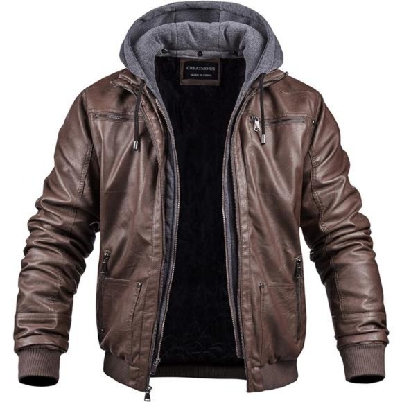 Men's Faux Leather Jacket Motorcycle Waterproof Windproof Vintage Bomber Hoodie - Picture 1 of 7